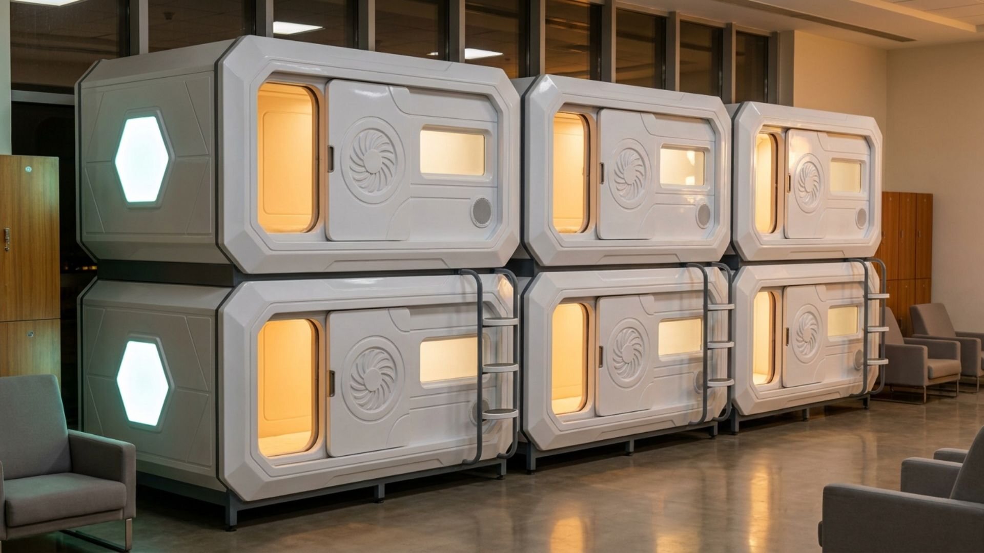 A cluster of Nivo Care pods in an attendant rest zone inside a hospital, in warm evening light