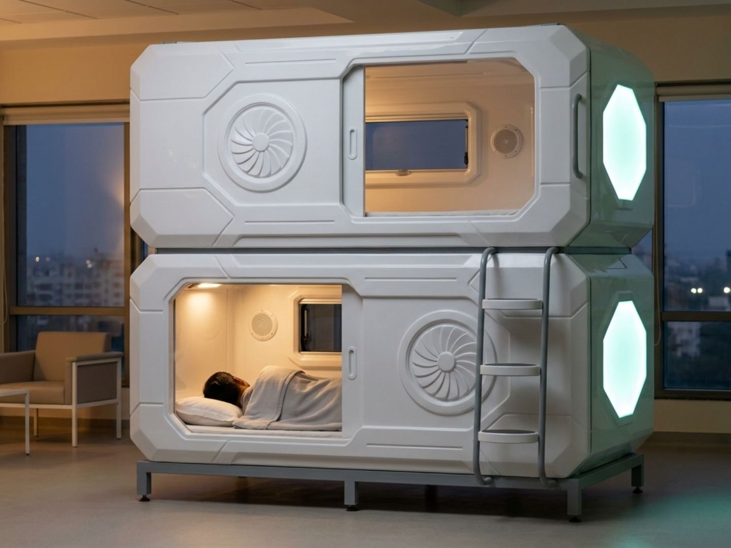 A patient attendant resting in a Nivo Care pod zone in warm evening light