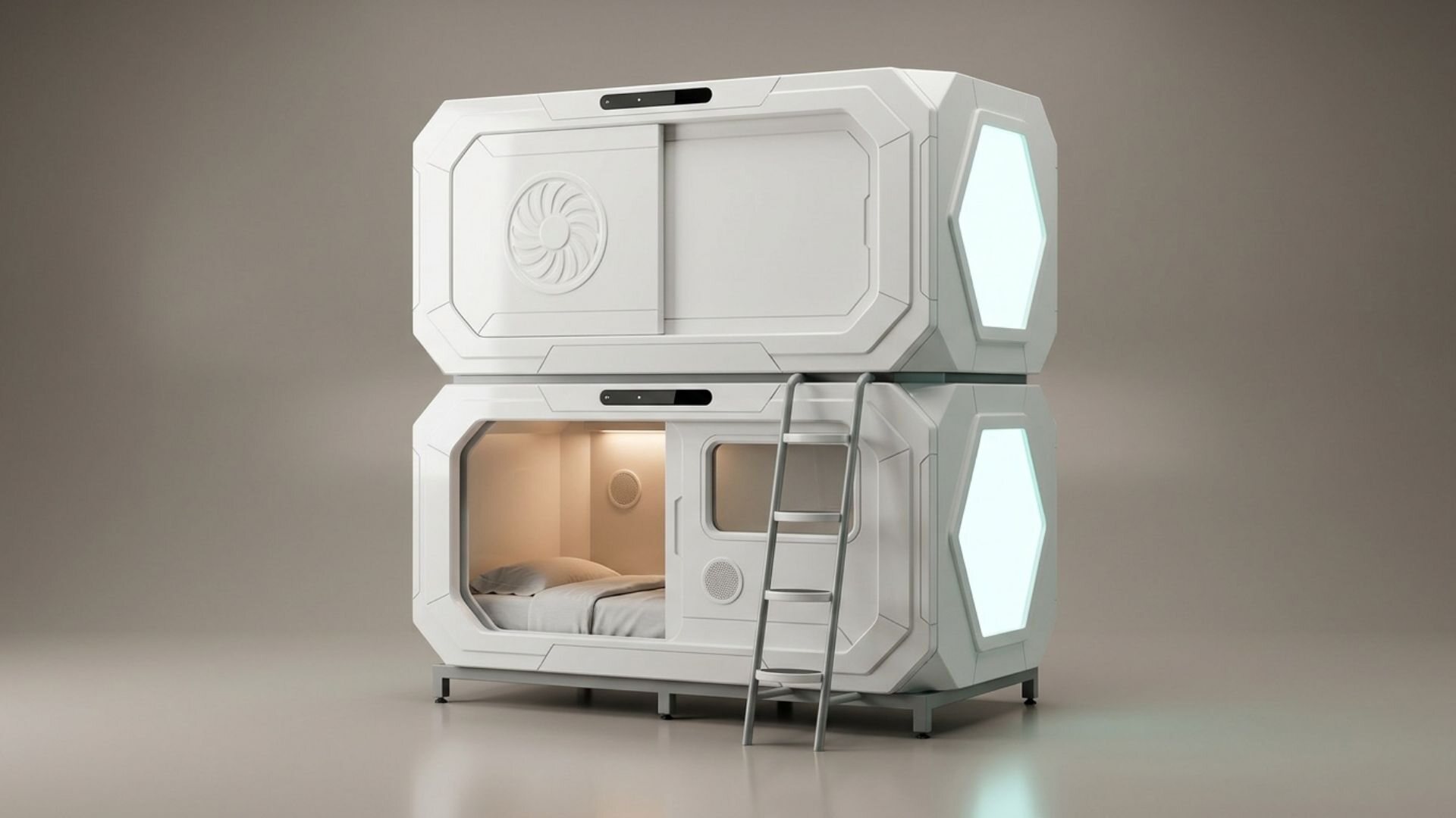 A two-level Nivo Care pod with the lower door open, showing the made mattress and reading light, and the ladder beside it
