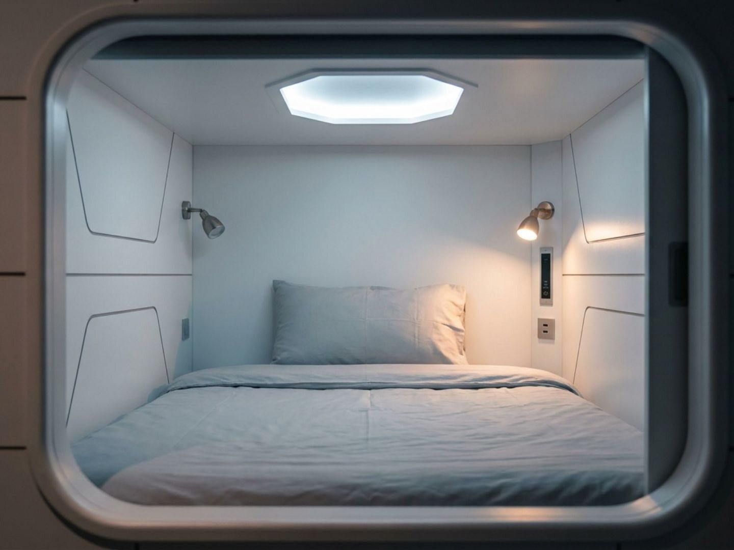 Inside a Nivo Care pod: a made-up single mattress with a reading light