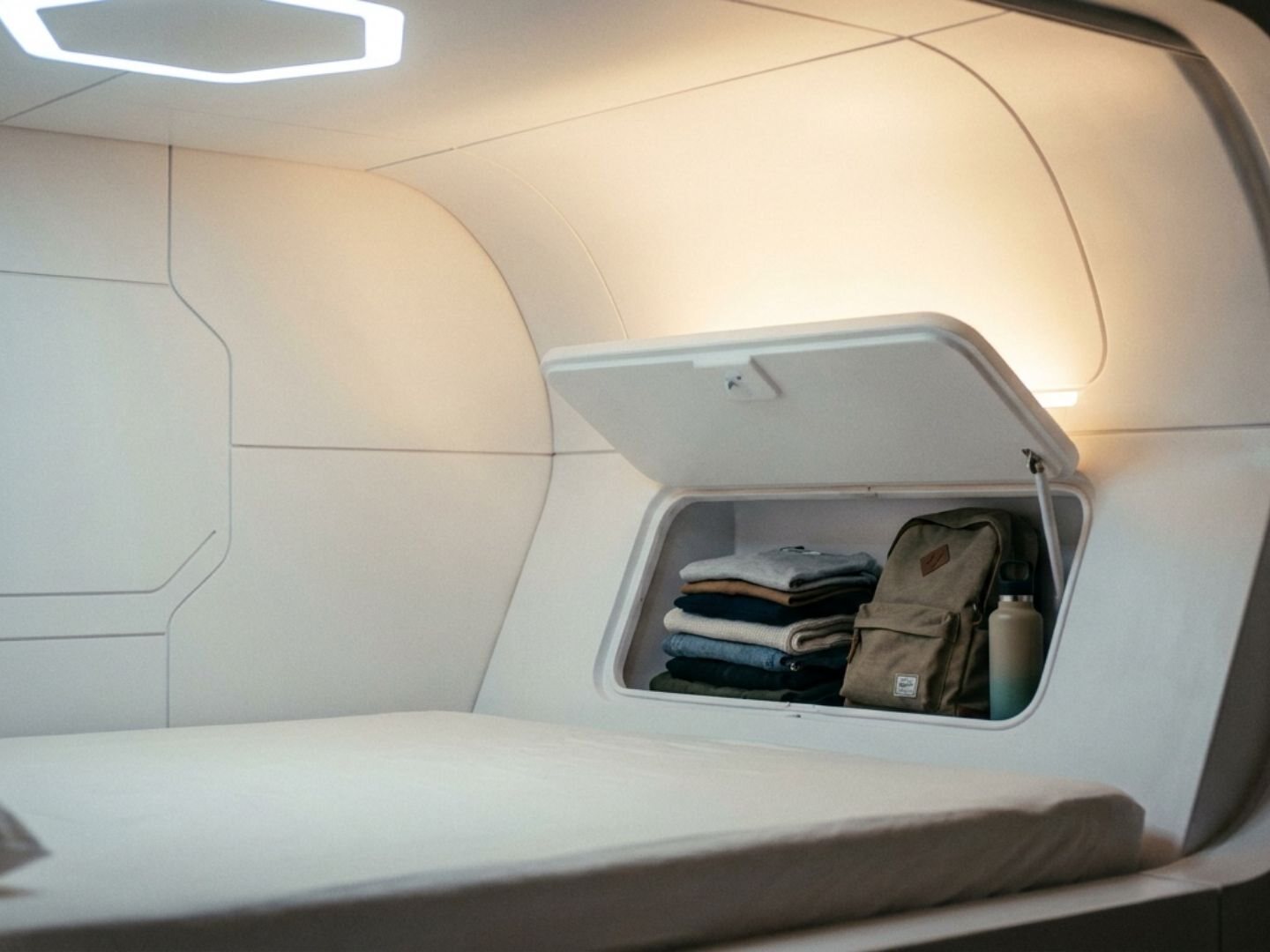 The lockable storage compartment inside a Nivo Care pod, shown open